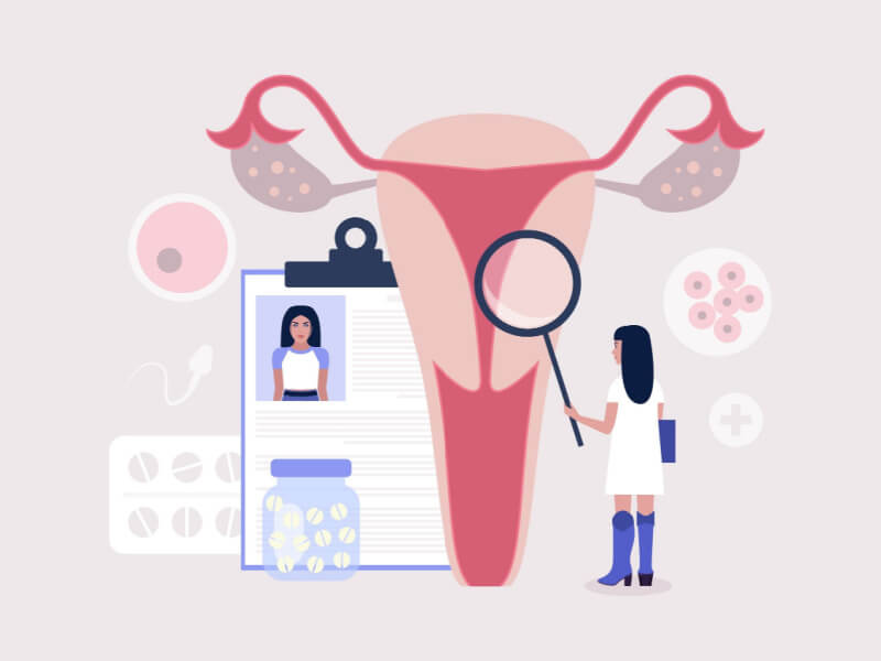 Ilustração de ginecologista com lupa no canal vaginal