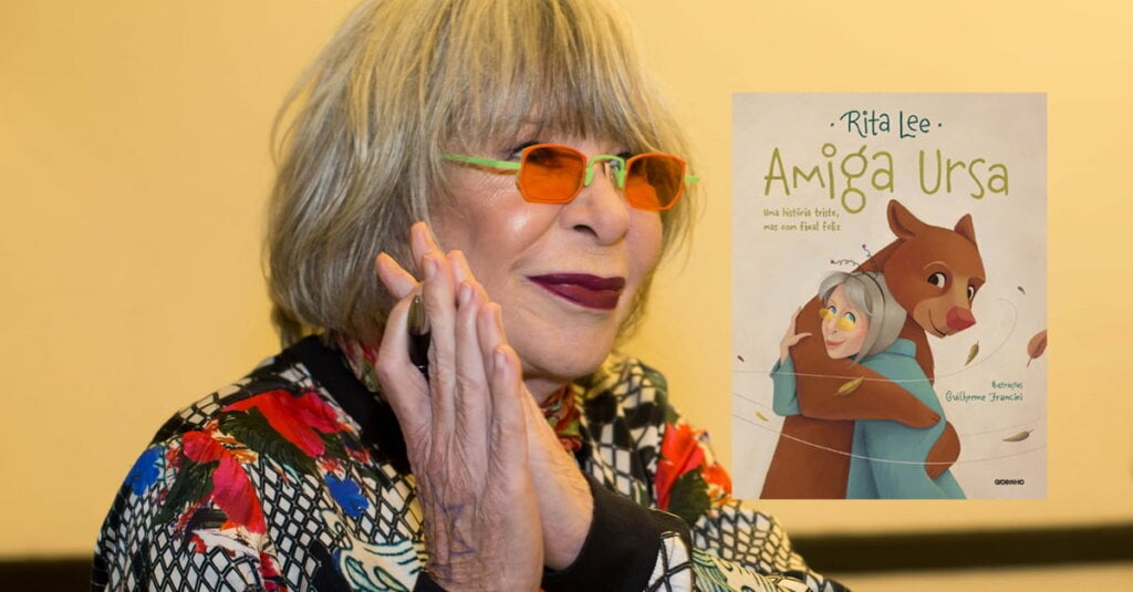 Rita Lee de óculos escuros ao lado de capa do livro infantil "Amiga Ursa"