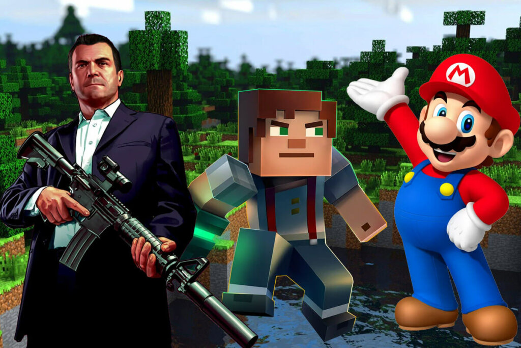 Imagem de jogos mais vendidos de todos os tempos, com Minecraft e Mario Bros.