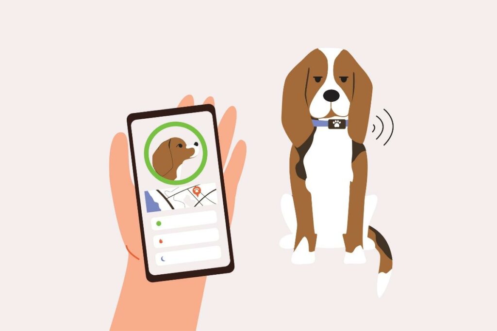 Ilustração de um cachorro com coleira inteligente e uma mão com celular rastreando