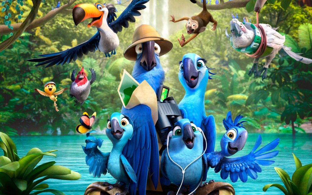 Cena do filme "Rio 2", com Blue, Jade e seus filhotes e outros personagens pela Amazônia
