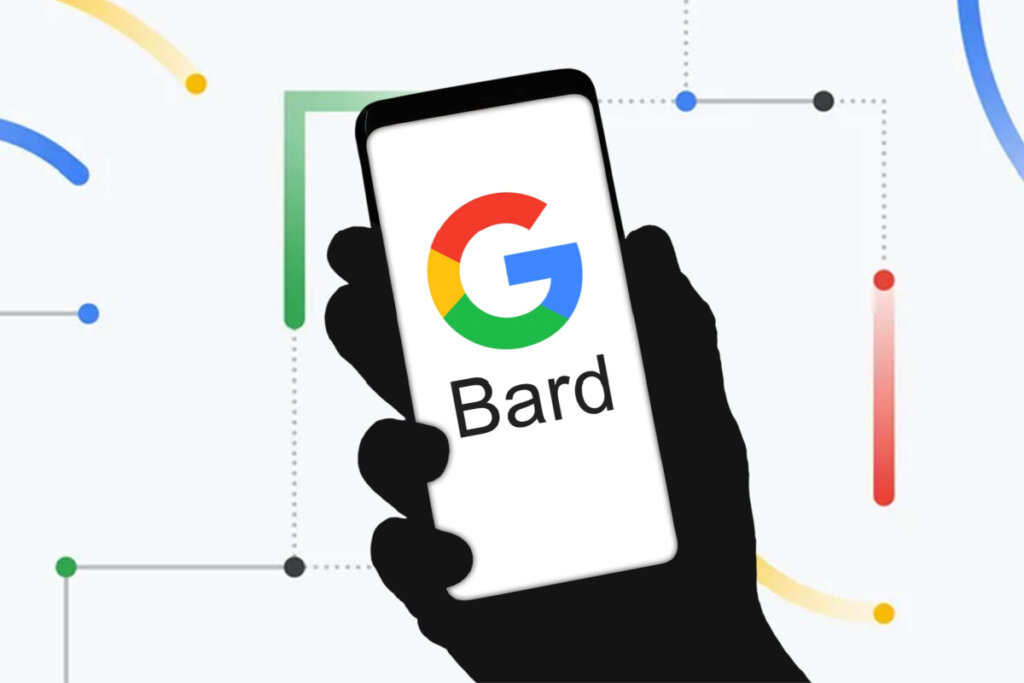 Mão segurando celular com logo do Google e escrito "bard"