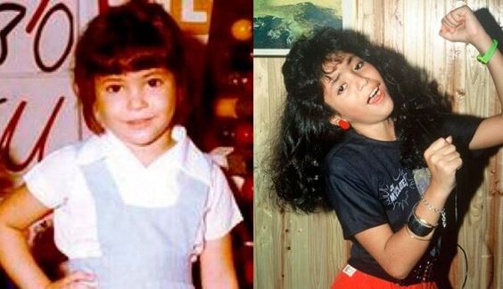 Imagem da cantora Shakira criança e adolescente com cabelos escuros.