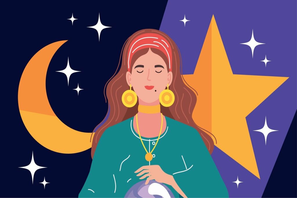 Ilustração de uma mulher com bola de cristal em frente à lua e às estrelas