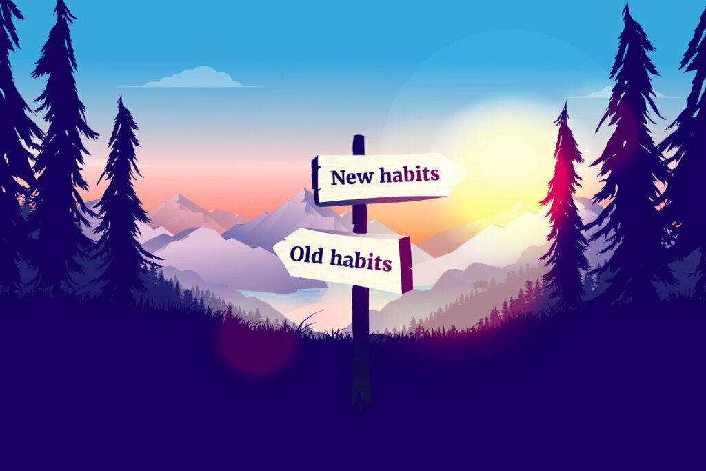 Ilustração de duas placas com caminhos para  novos hábitos e velhos hábitos 