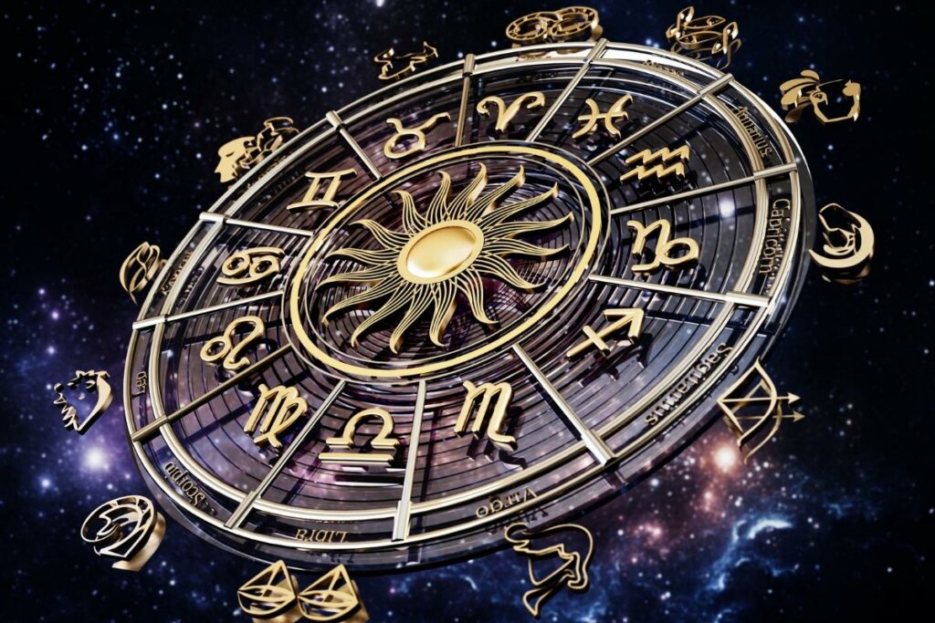 Círculo com os 12 signos do zodíaco em um céu estrelado