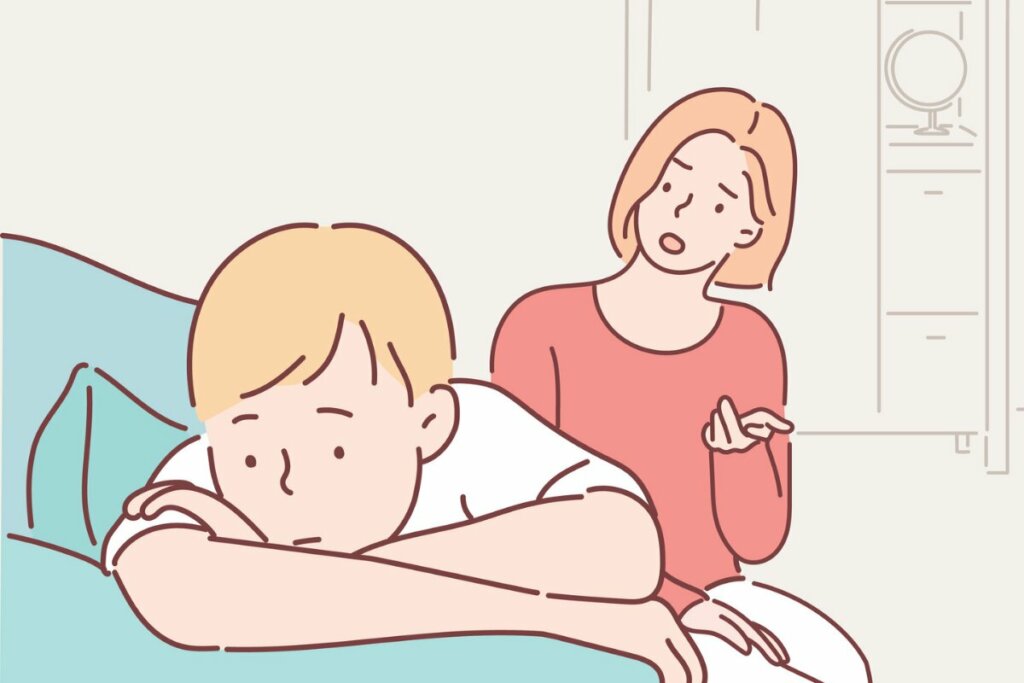 Ilustração de uma criança triste na cama com uma mulher tentando conversar