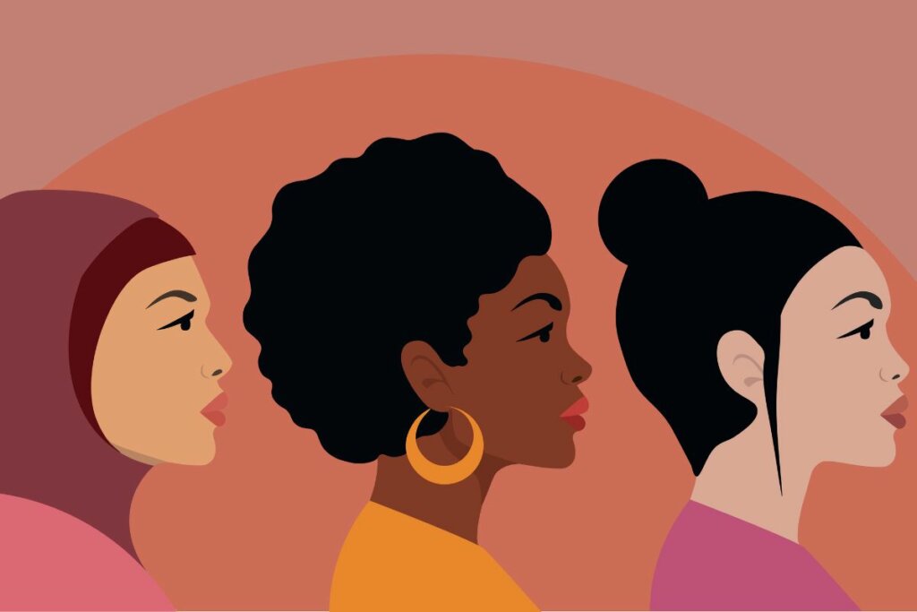 Ilustração de três mulheres de raças diferentes em um fundo vermelho