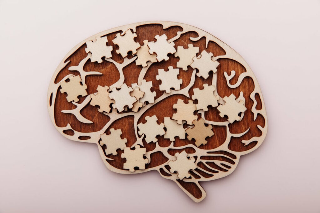 Ilustração de um cérebro com peças de quebra-cabeça