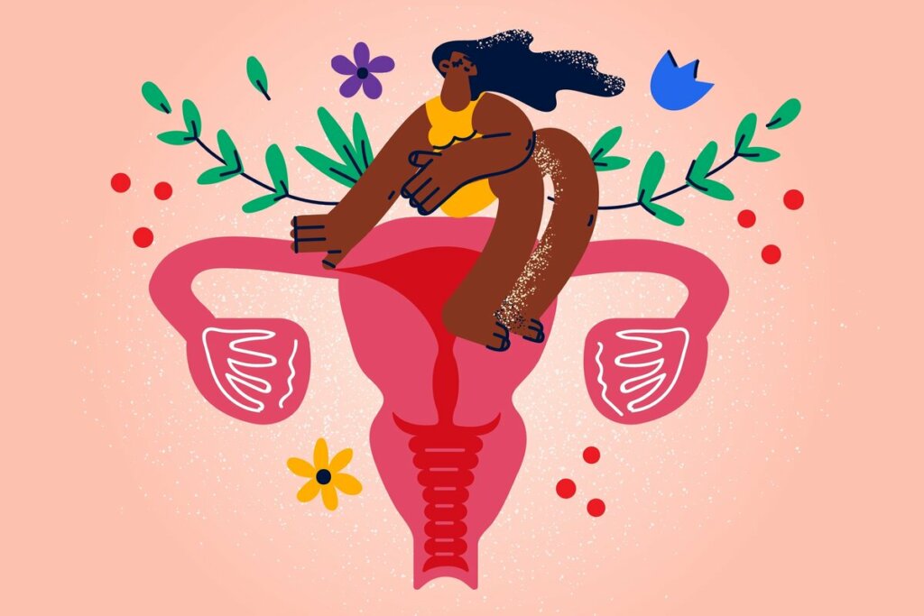 Ilustração de uma vulva com flores e uma mulher em cima dela 