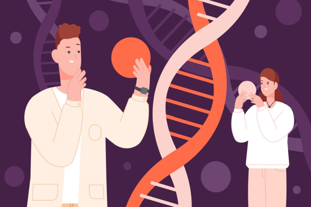 Animação de duas pessoas segurando DNA de molécula