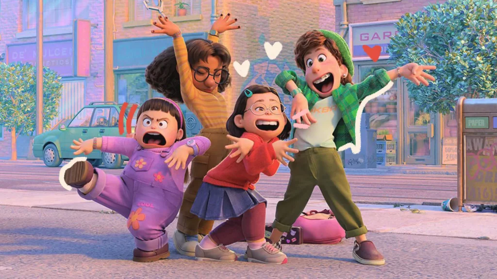 Personagens do desenho "Red" fazendo poses, três meninas e um menino