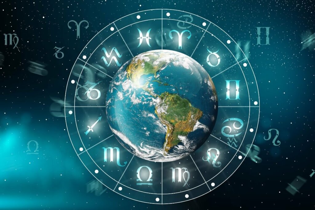 Ilustração do planeta Terra dentro de um circulo com os 12 signos do zodíaco