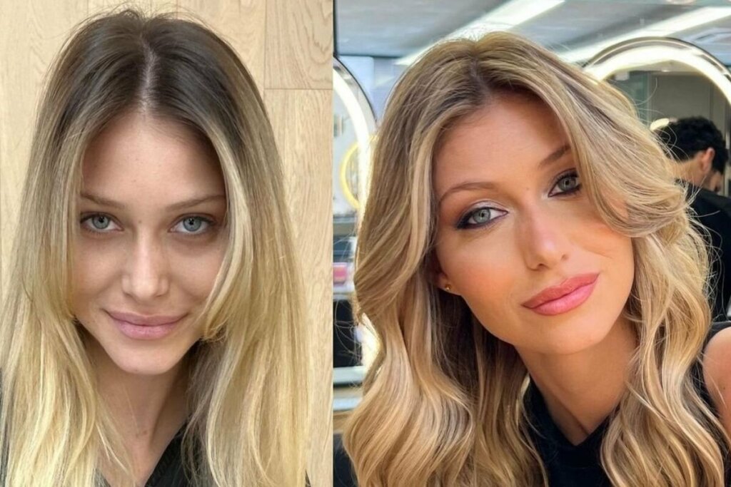 Antes e depois do cabelo de uma mulher com franja Mc Donald's