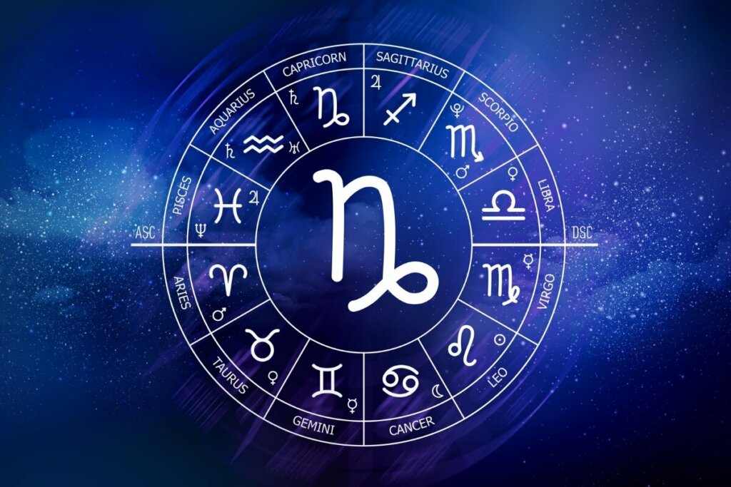 Ilustração do signo de Capricórnio no centro de um círculo com os 12 signos do zodíaco