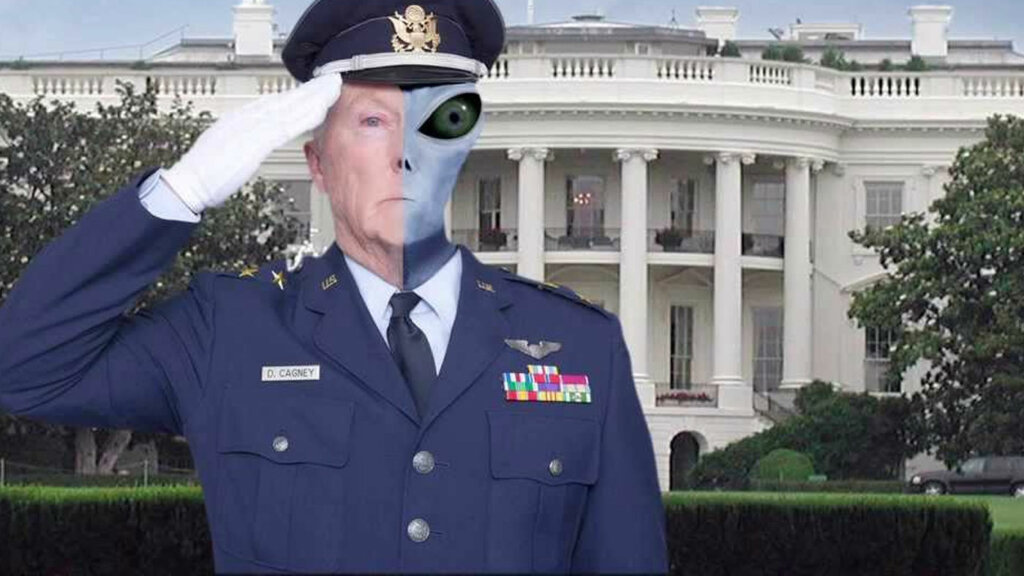 Imagem ilustrativa de um militar estadounidense com o rosto metade humano e metade alienígena 