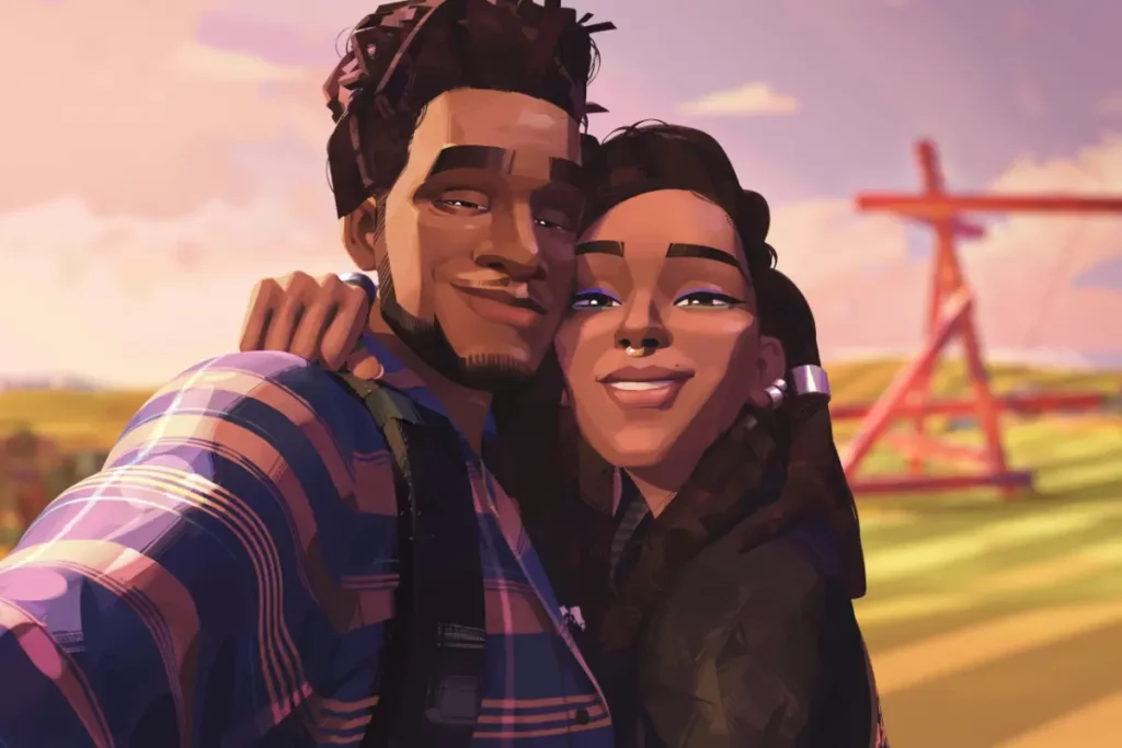 Cena do filme de animação "Entergalatic", com desenho de homem e mulher abraçados e sorrindo.