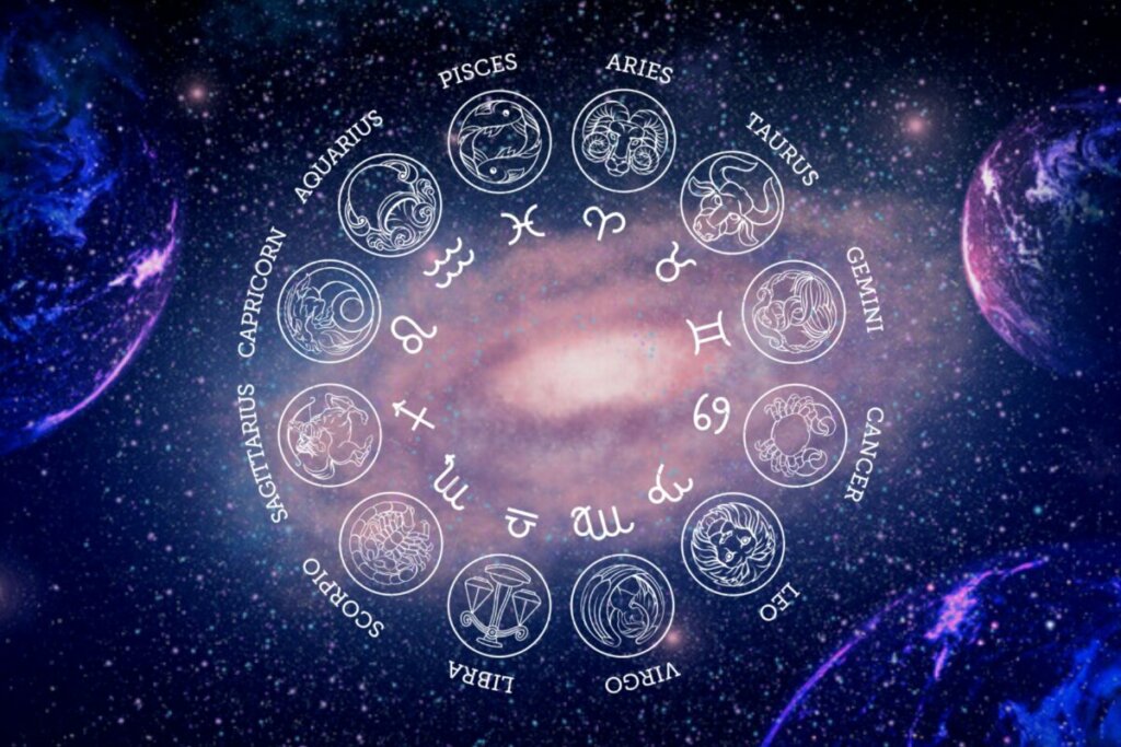 Circulo com os doze signos do zodíaco no espaço