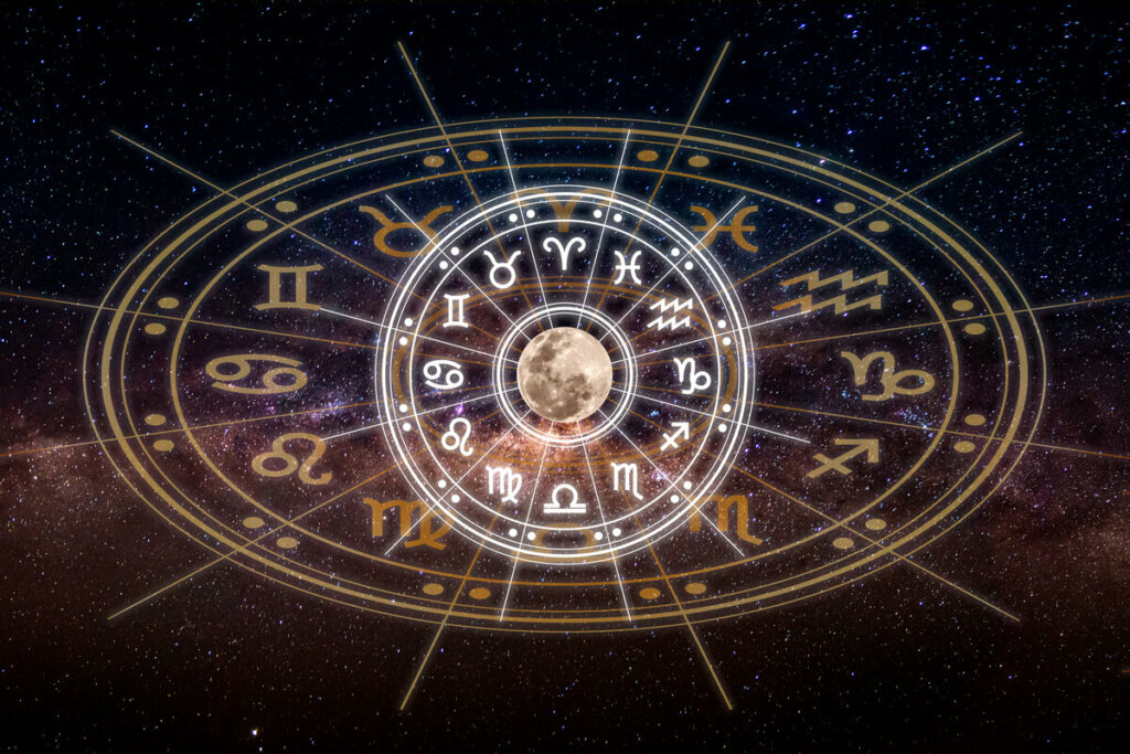 Ilustração de um círculo com os doze signos do zodíaco em um céu estrelado