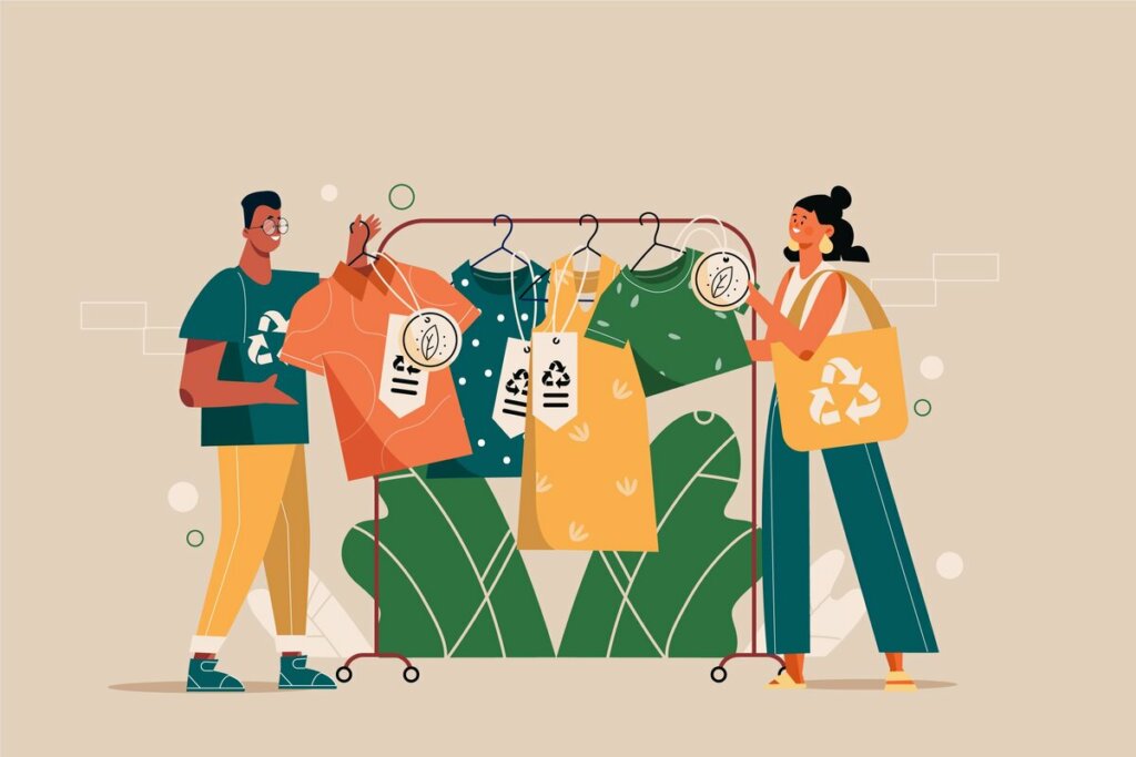 Ilustração de bonecos comprando roupas sustentáveis