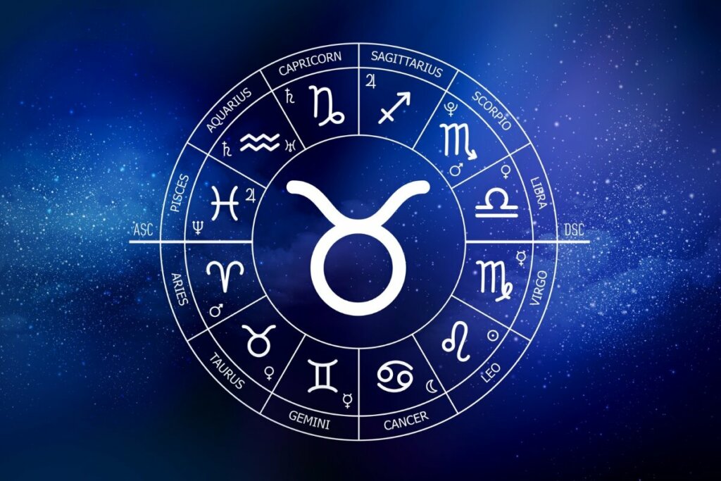 Ilustração do signo de Touro no centro de um círculo com os 12 signos do zodíaco