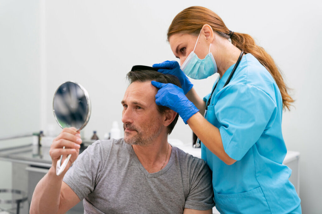 Médica examinando os cabelos de um homem