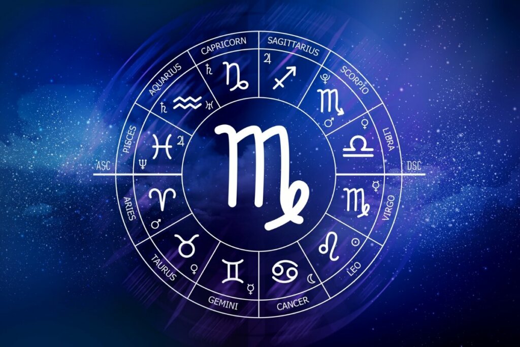 Ilustração do signo de Virgem no centro de um círculo com os 12 signos do zodíaco