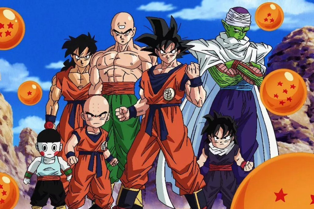 Goku, Piccollo, Kuririn, Gohan, Vegeta e outros amigos