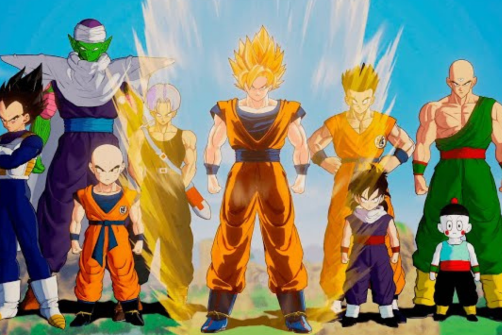 Goku, Piccollo, Kuririn, Gohan, Tranks, Vegeta e outros amigos