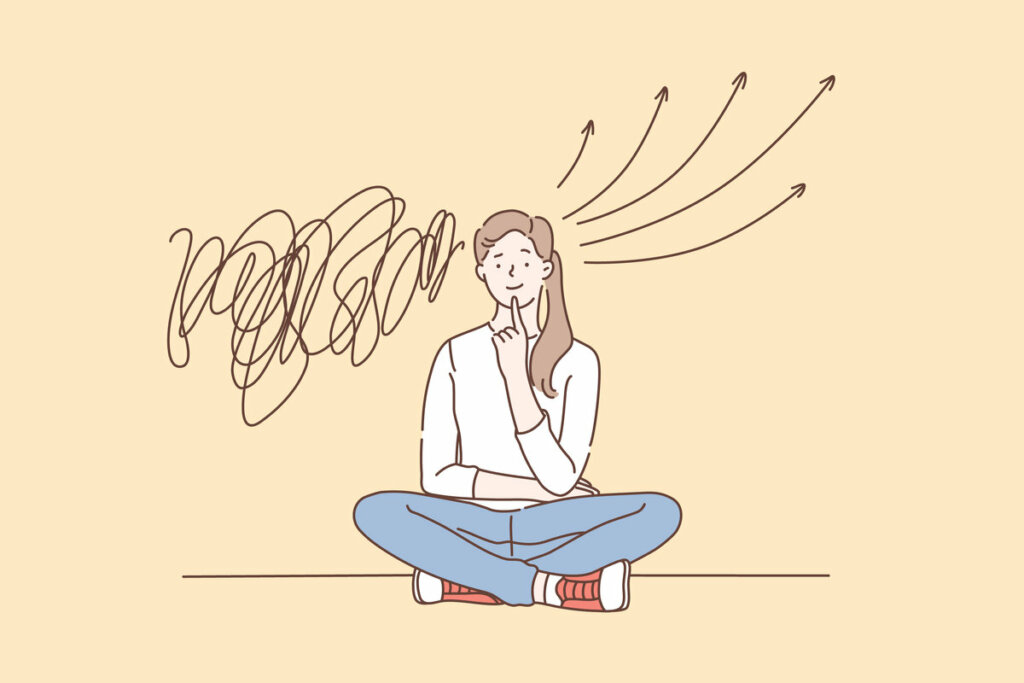 Ilustração de uma mulher sentada com rabiscos de um lado da cabeça e linhas do outro lado