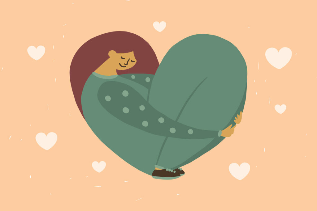 Ilustração de uma mulher em formato de coração se abraçando 