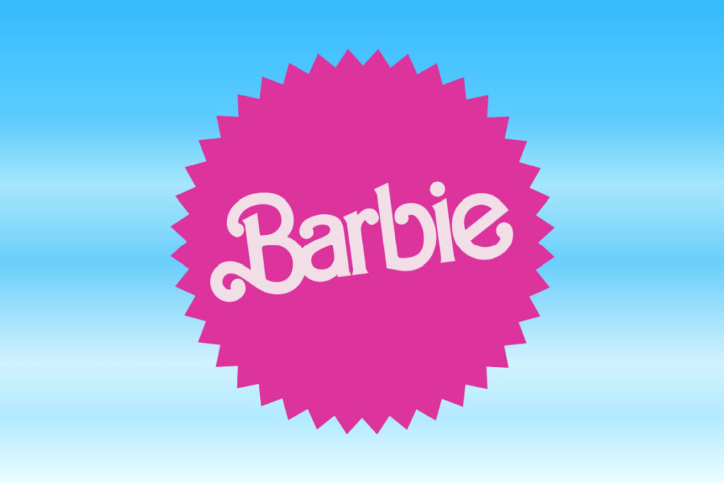 Logo da Barbie em rosa com fundo azul