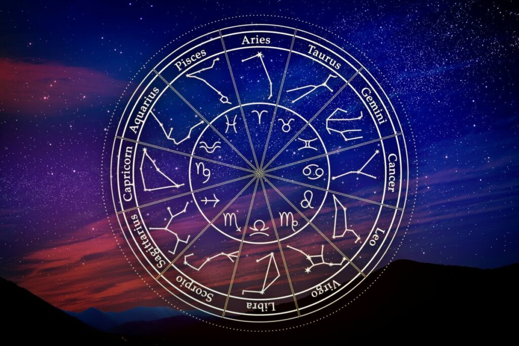 Ilustração de um círculo com os doze signos do zodíaco em um céu azul e vermelho