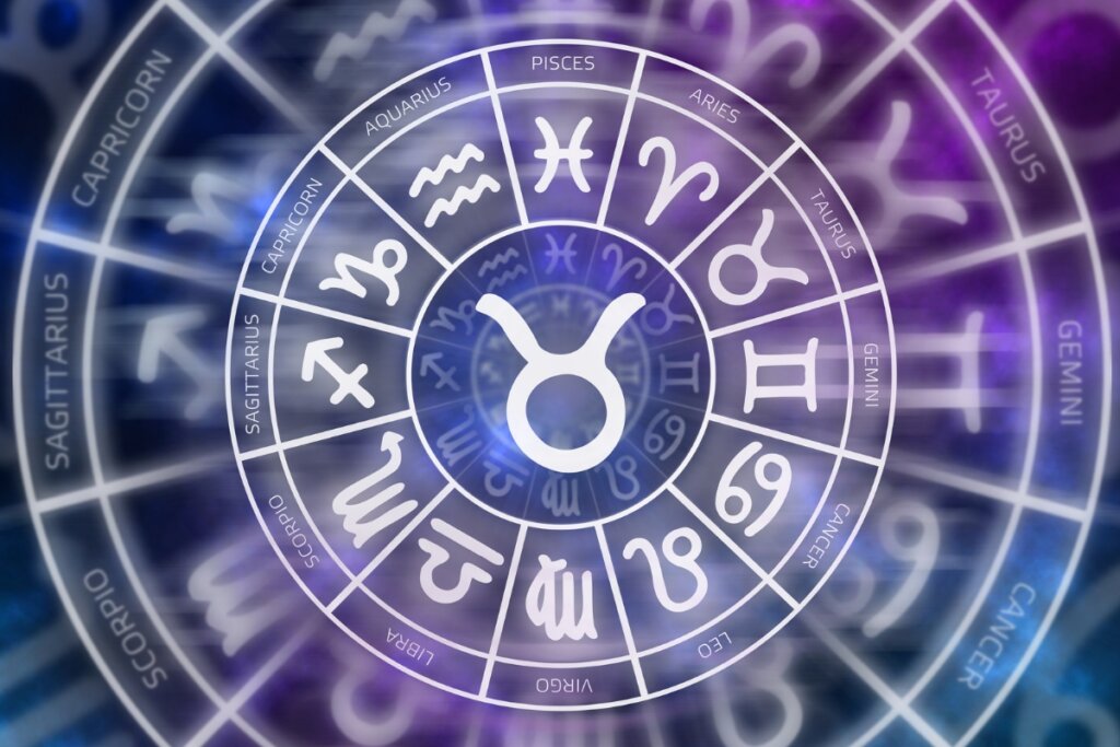 Ilustração do signo de Touro em um círculo com os doze signos do zodíaco