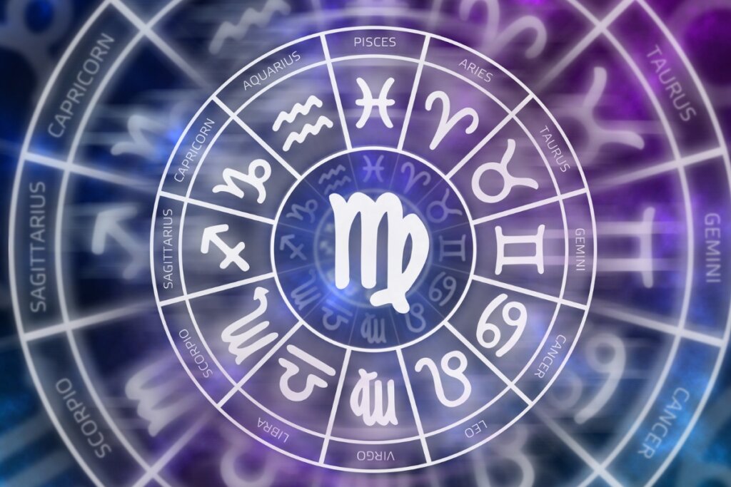 Ilustração do signo de Virgem em um círculo com os doze signos do zodíaco