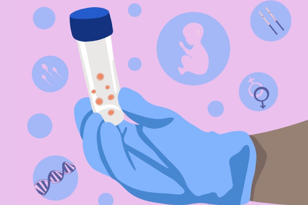 Ilustração de uma mão com luva azul  segurando um tubo com óvulos
