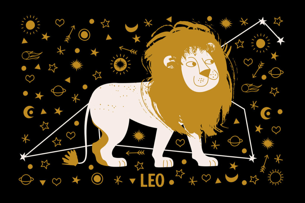 Ilustração de um leão com desenhos de lua e sol ao seu redor