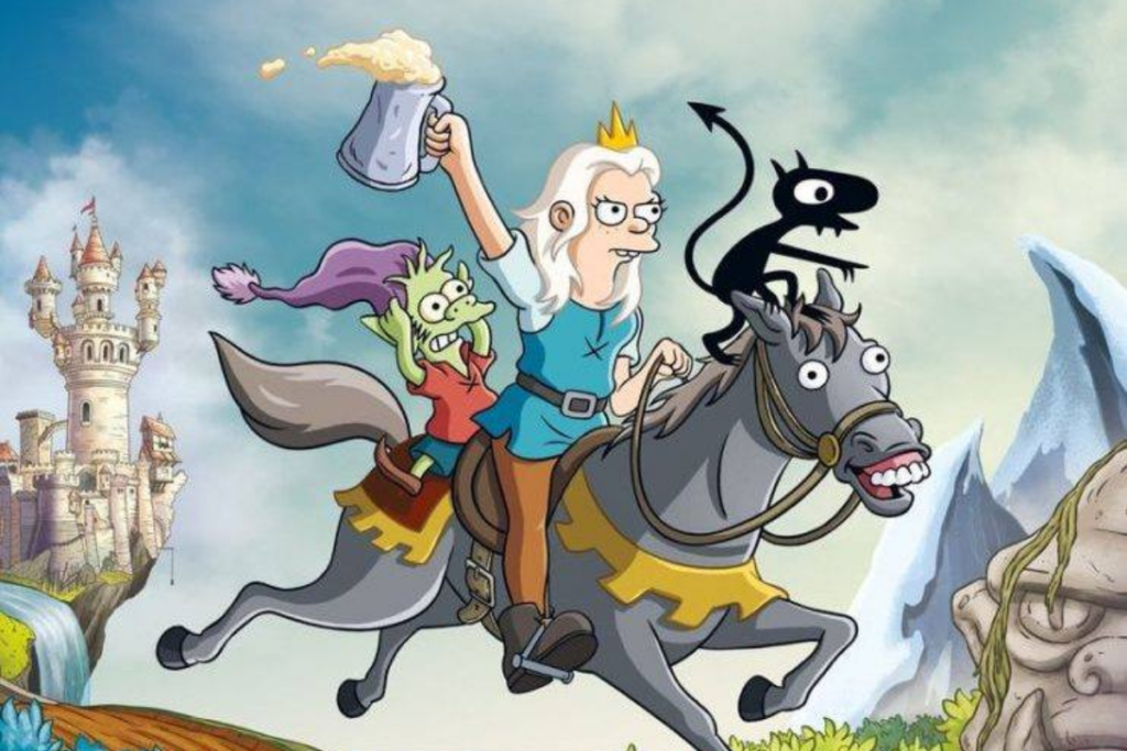 Bean, Elfo e Luci montados num cavalo enquanto Bean segura uma caneca de chope