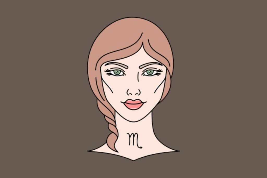 Ilustração de uma mulher com cabelo castanho e o desenho do signo de Escorpião no pescoço