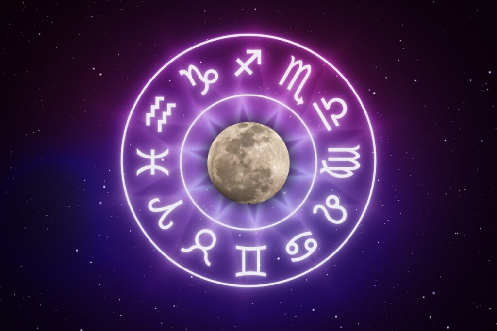 Ilustração de um circulo com os doze signos do zodíaco em um fundo roxo com a Lua no centro