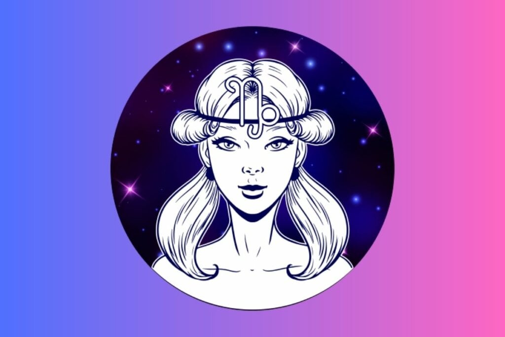 Ilustração de uma mulher em um céu estrelado usando uma tiara com o símbolo do signo de Capricórnio