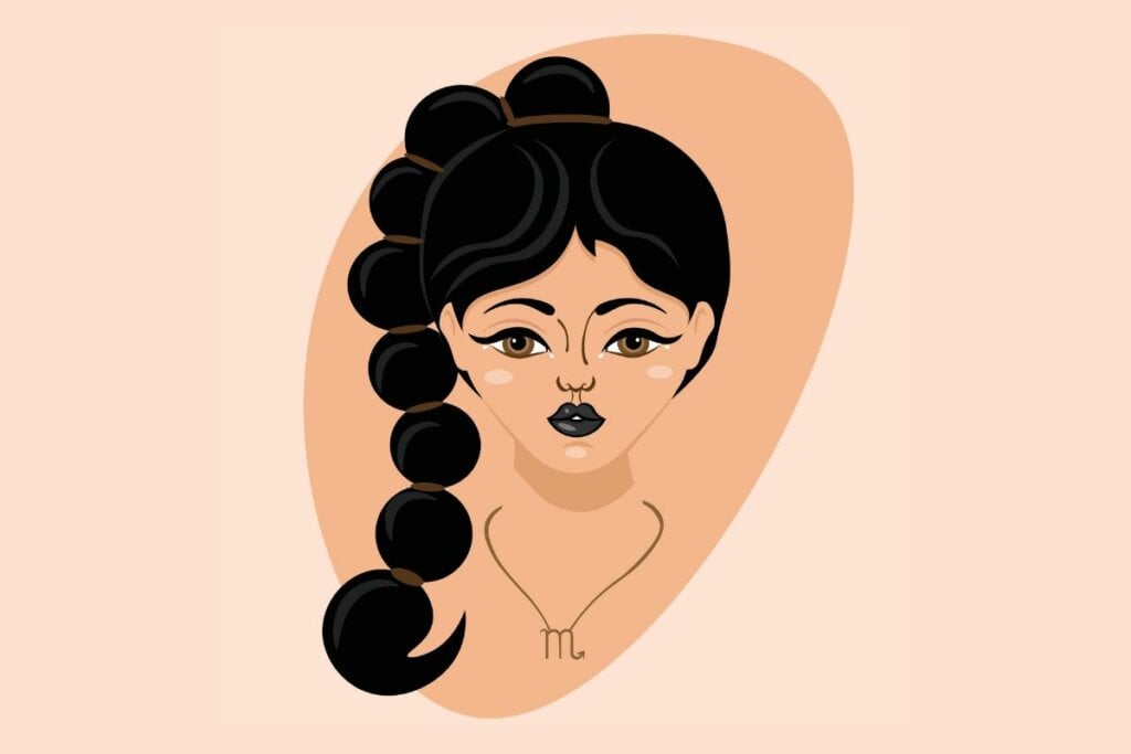 Ilustração de uma mulher com cabelo preto e colar com o símbolo de Escorpião