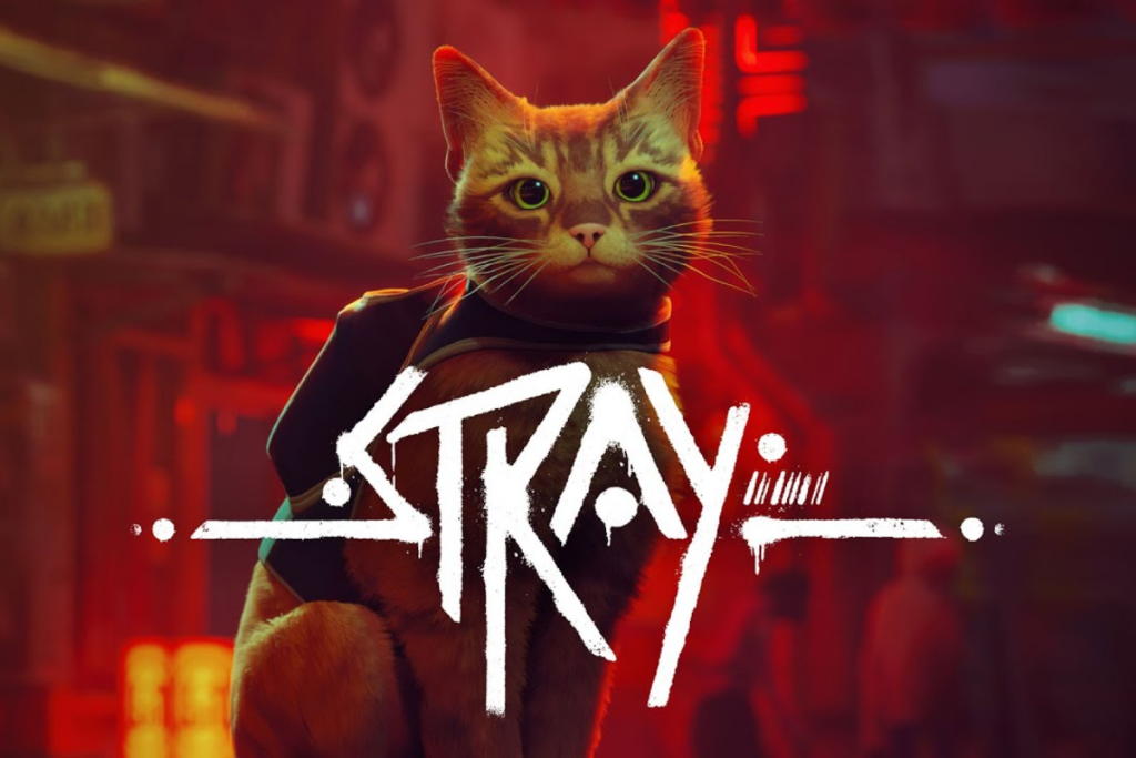 Capa do jogo "Stray" com ilustração de um gato laranja