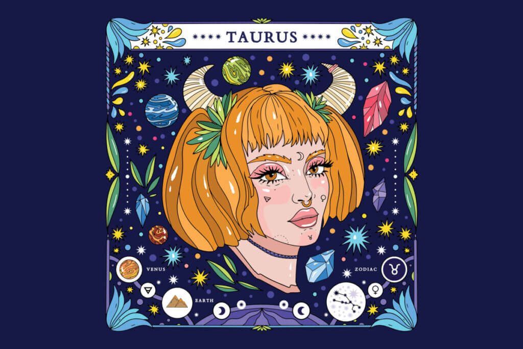 Ilustração de uma mulher taurina com elementos astrológicos em volta dela