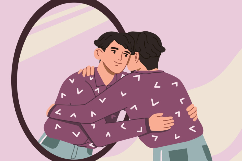 Ilustração de homem abraçando o próprio reflexo