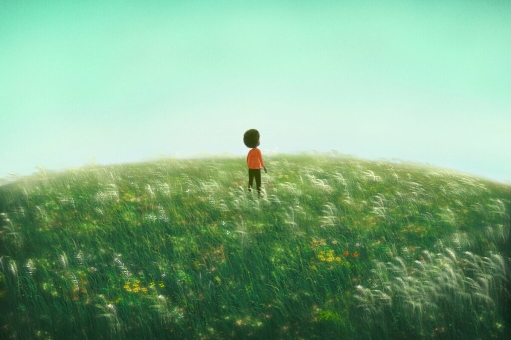 Ilustração de uma criança sozinha em um jardim olhando para o céu