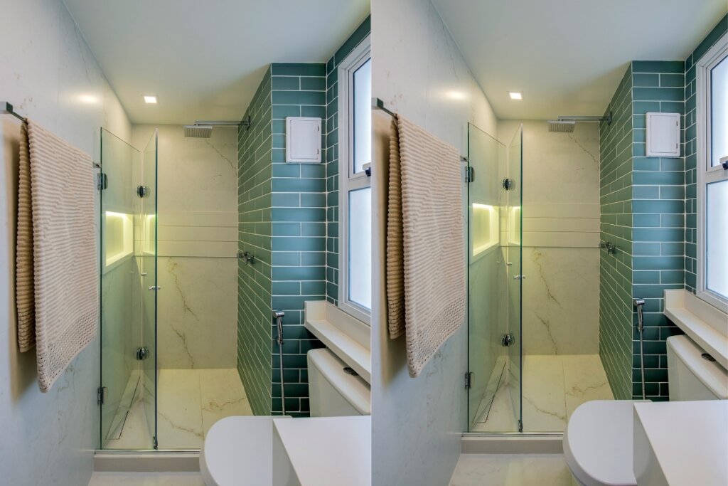 Duas imagens com box de banho em um banheiro com parede verde e branca