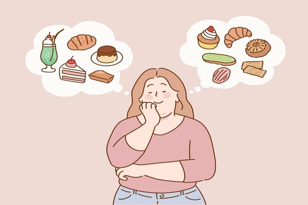 Ilustração de uma mulher imaginando comidas em um fundo rosa