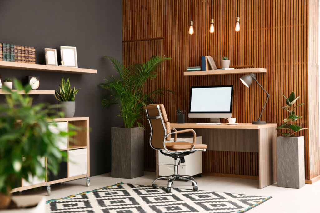Escritório em casa com mesa com computador, cadeira, prateleiras e plantas