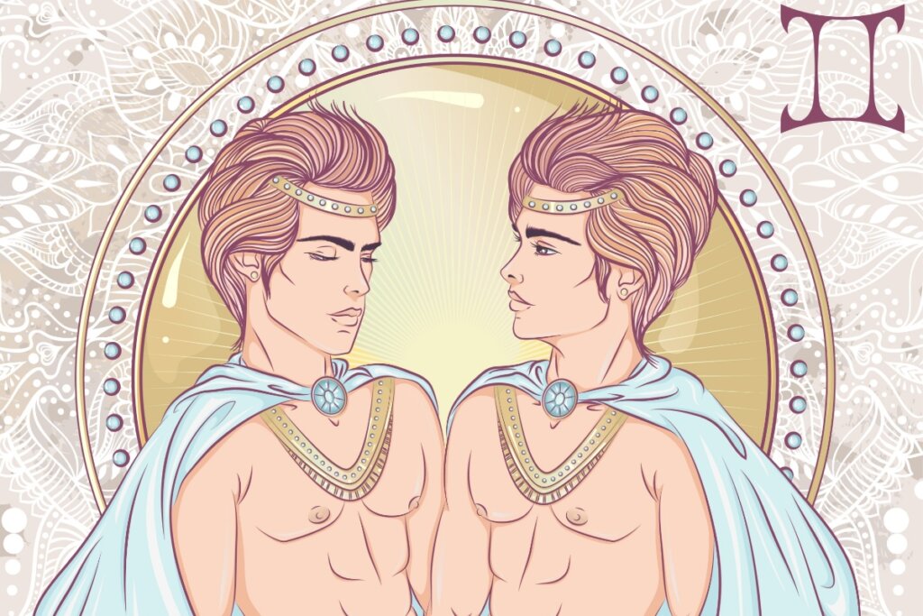 Ilustração de dois homens representando o signo de Gêmeos